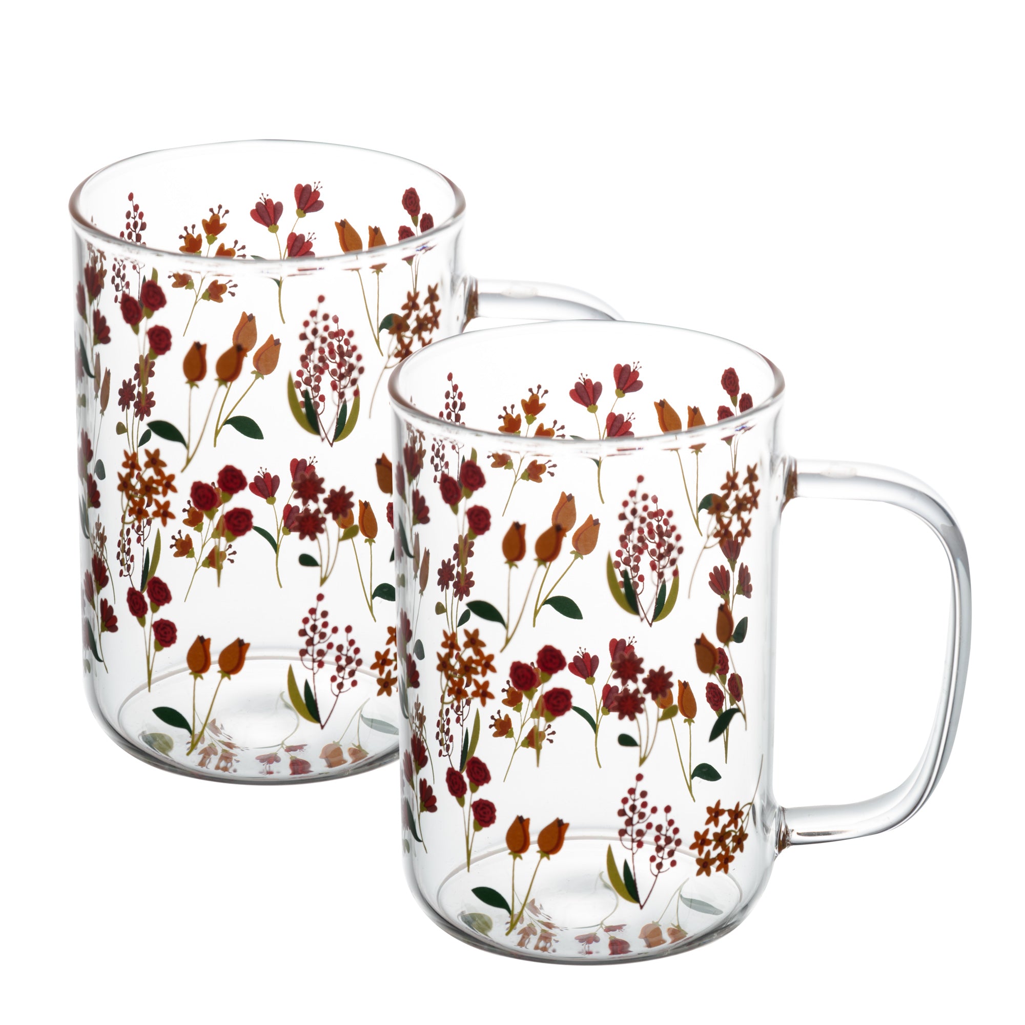 CONJUNTO  2 CANECAS DE VIDRO RESISTENTE A CALOR FLORES 280ML