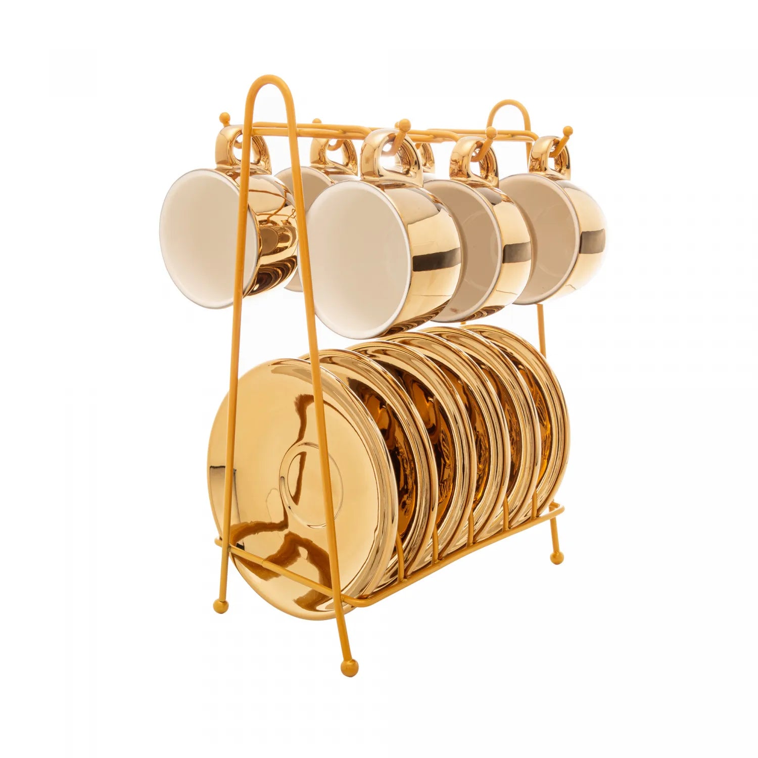 CONJUNTO 6 XICARAS CAFÉ PORCELANA COM PIRES E SUPORTE VERSA BRANCO DOURADO 90ml