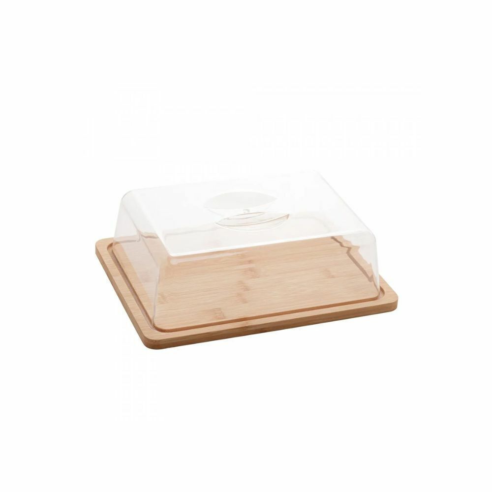 PRATO PARA QUEIJO DE BAMBU COM TAMPA DE PLÁSTICO 24x18,5x7,5CM