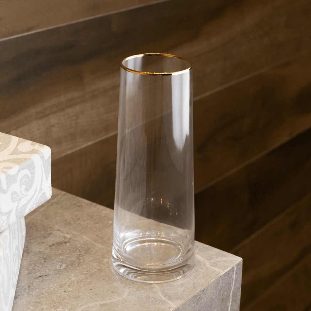 VASO DE VIDRO COM BORDA DOURADA LIZ - 9CM X 9CM X 22CM