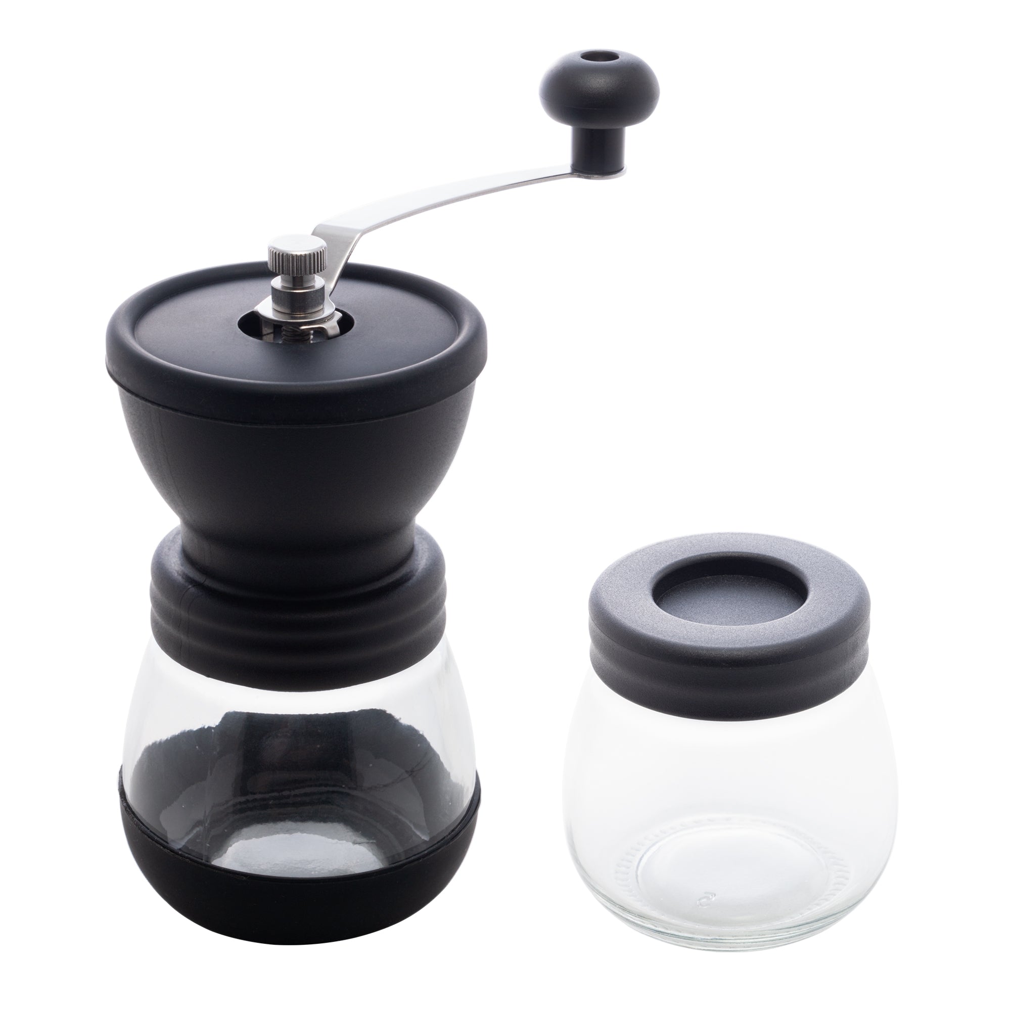 MOEDOR DE CAFÉ MANUAL EM AÇO INOX COM POTE DE VIDRO