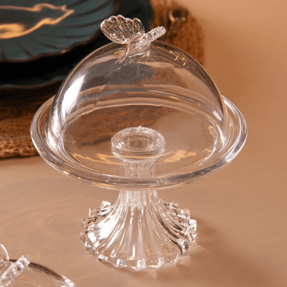 PRATO PARA DOCE COM PE E TAMPA BUTTERFLY CRISTAL – 15CM X 18CM