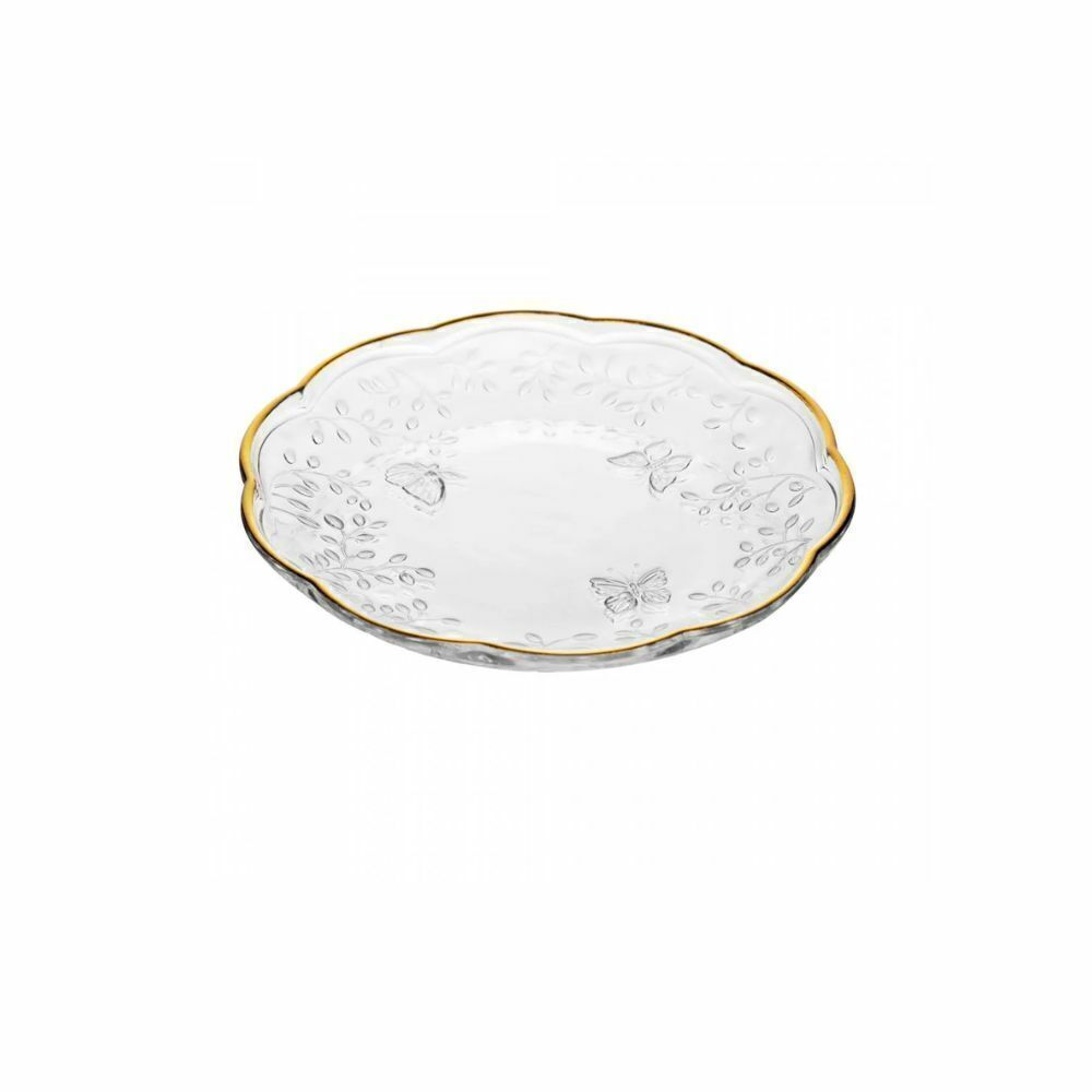 PRATO PARA SOBREMESA NEW BUTTERFLY COM FIO DE OURO 20CM CRISTAL ECOLÓGICO