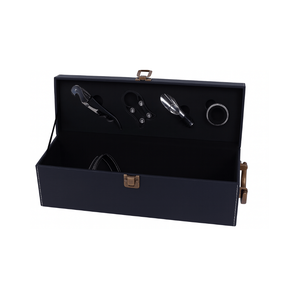 CAIXA PARA GARRAFA DE VINHO EM COURO COM 4 ACESSORIOS – 11CM X 36CM X 12CM