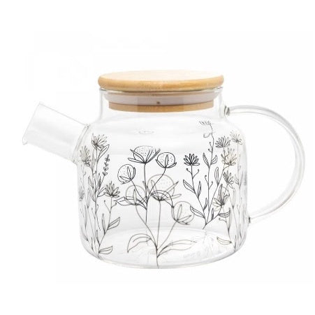 CHALEIRA DE VIDRO COM TAMPA DE BAMBU FLOR 600ML