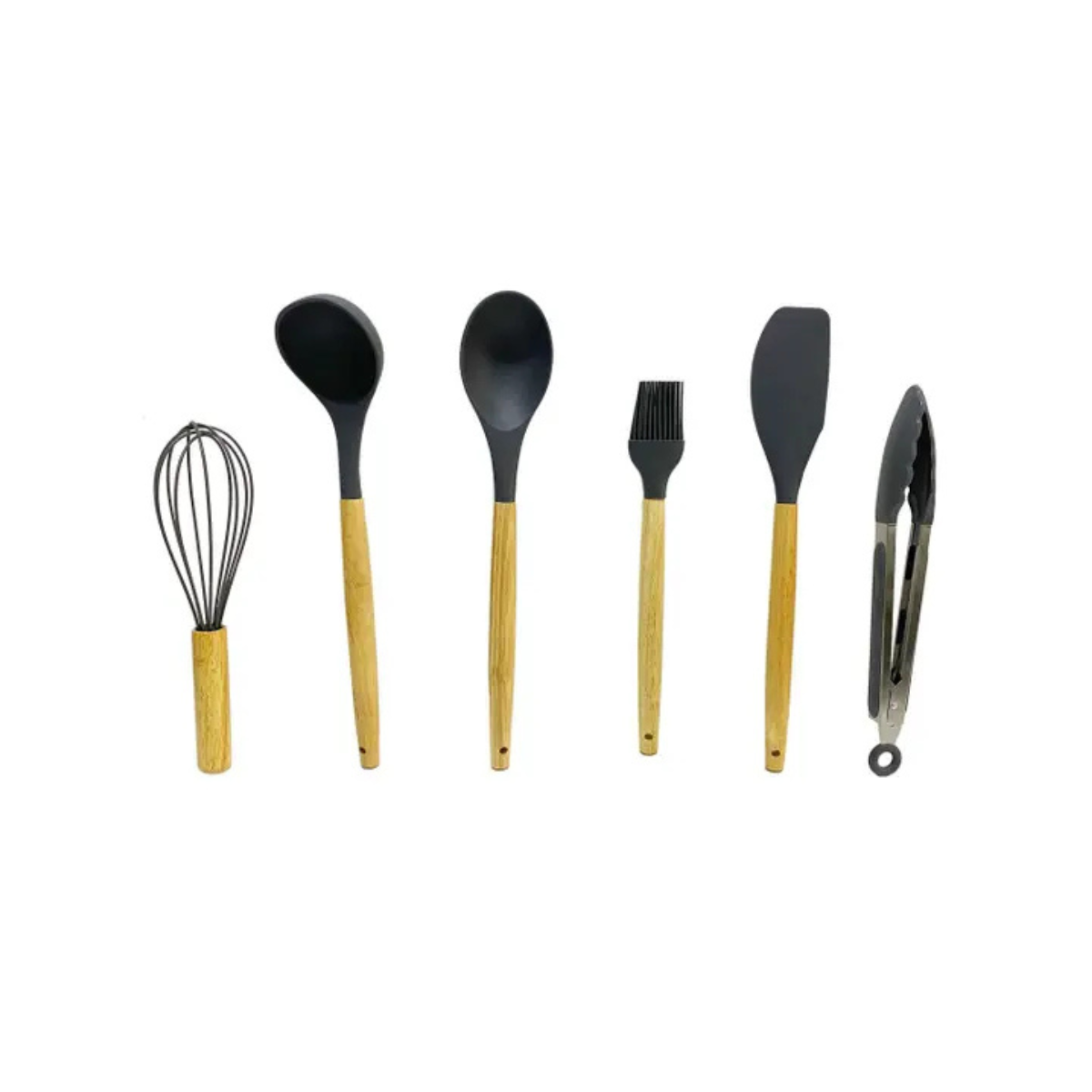 JOGO COM 7 PECAS DE SILICONE PRETO COM CABO DE MADEIRA