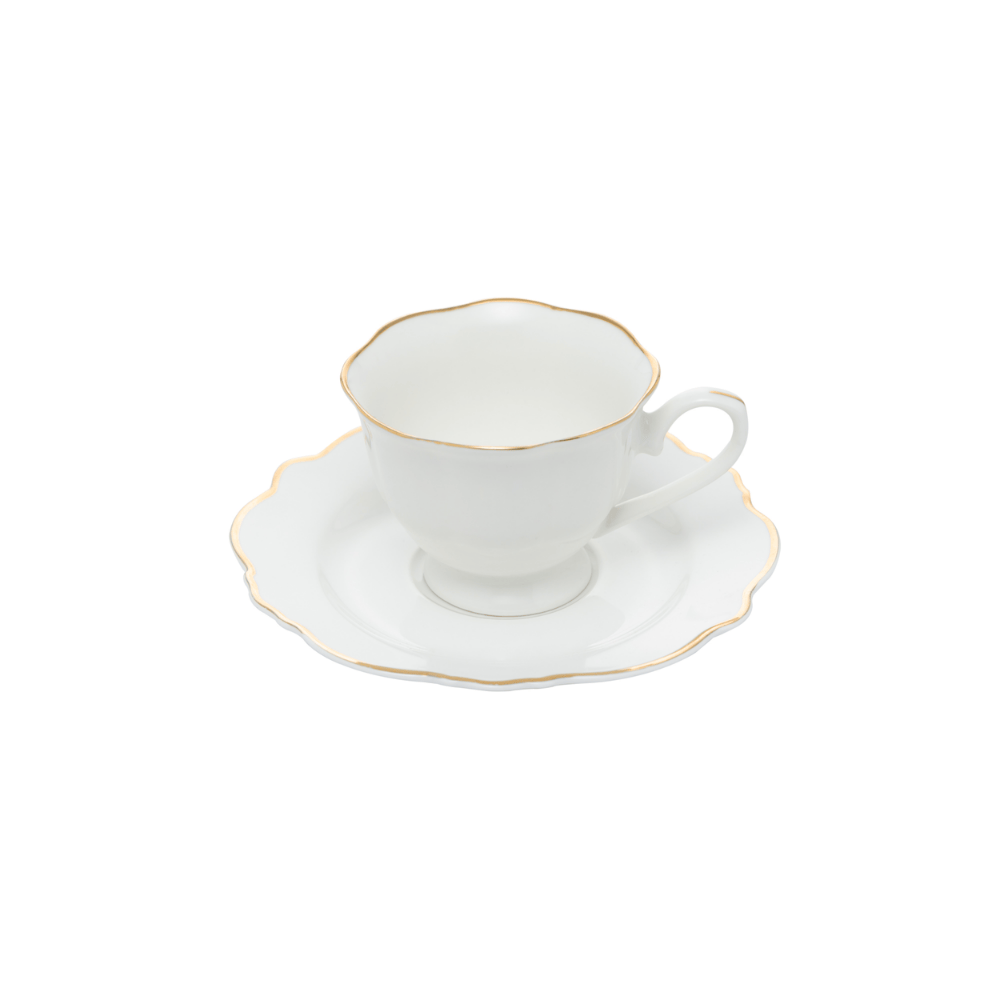 CONJUNTO 6 XICARAS CHA PORCELANA COM PIRES MALDIVAS COM FIO DE OURO – 180ML