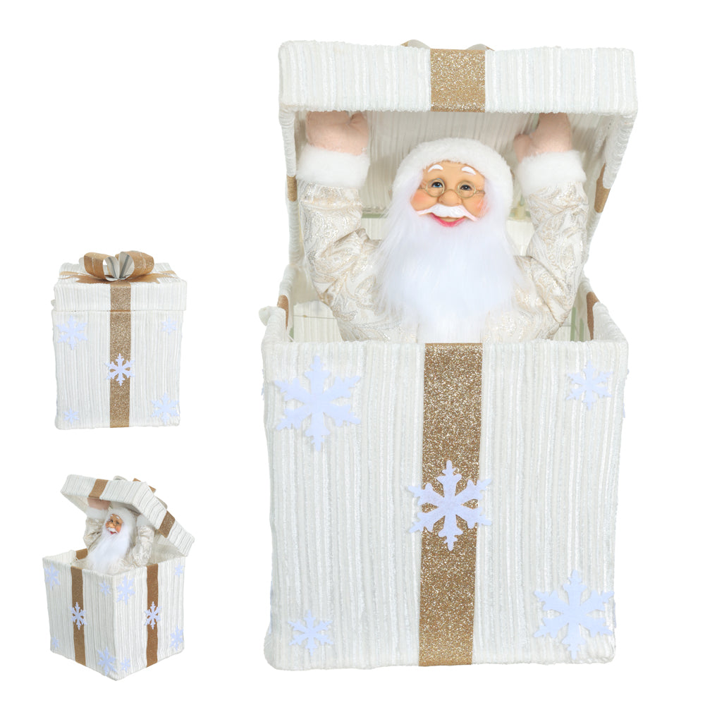 CAIXA DE PRESENTE PAPAI NOEL COM MOVIMENTO E SOM DOURADO E BRANCO