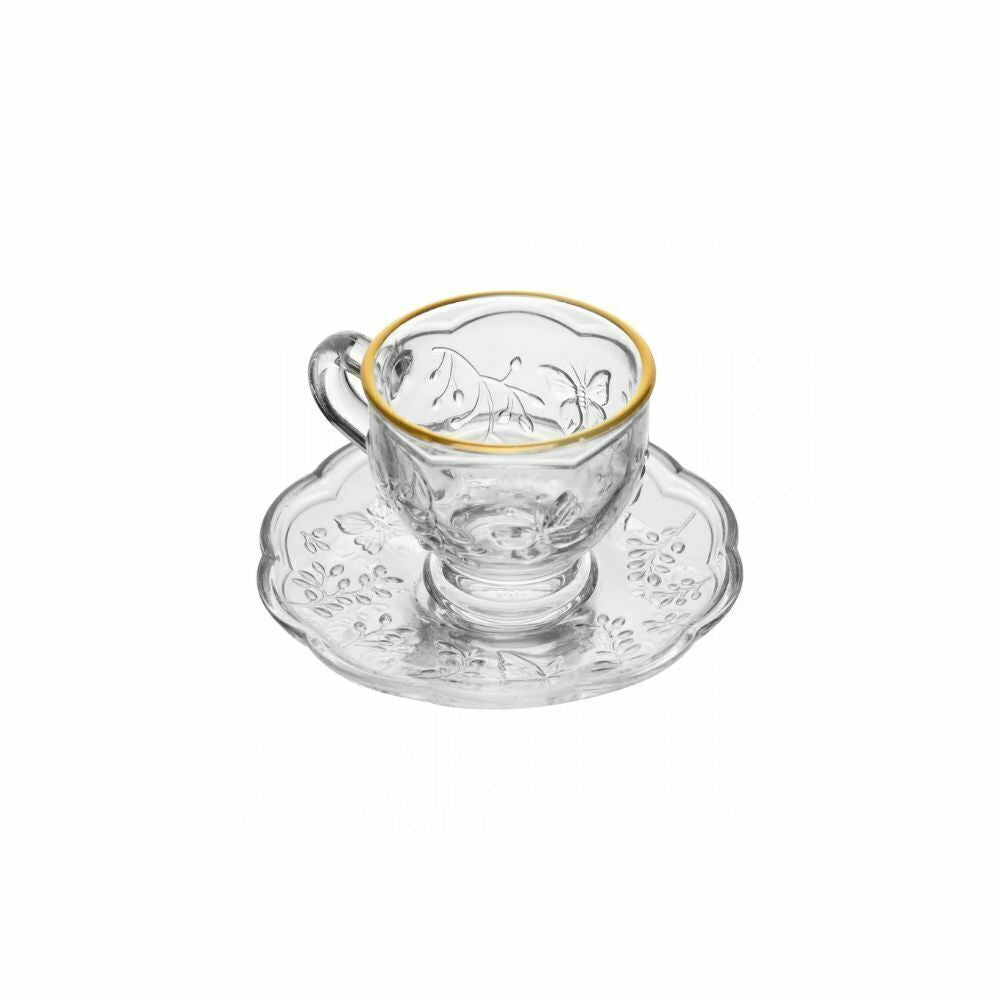 XÍCARA DE CHÁ COM PIRES NEW BUTTERFLY COM FIO DE OURO 180ML CRISTAL ECOLÓGICO