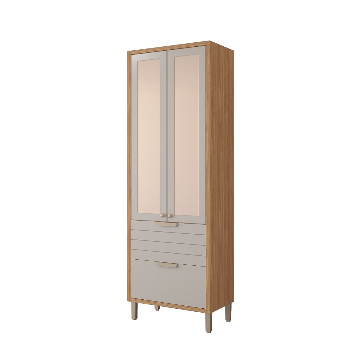 PANELEIRO CRISTALEIRA ELOISE 70CM 1 BASC 1GAV C/ PTA REFLECTA - CINAMOMO/OFF WHITE