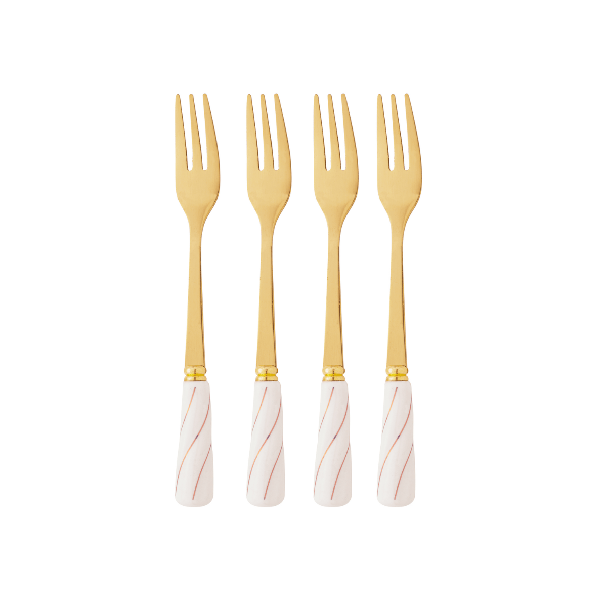 CONJUNTO 4 GARFOS ACO INOX PARA APERITIVO DOURADO COM CABO CERAMICA BRANCO