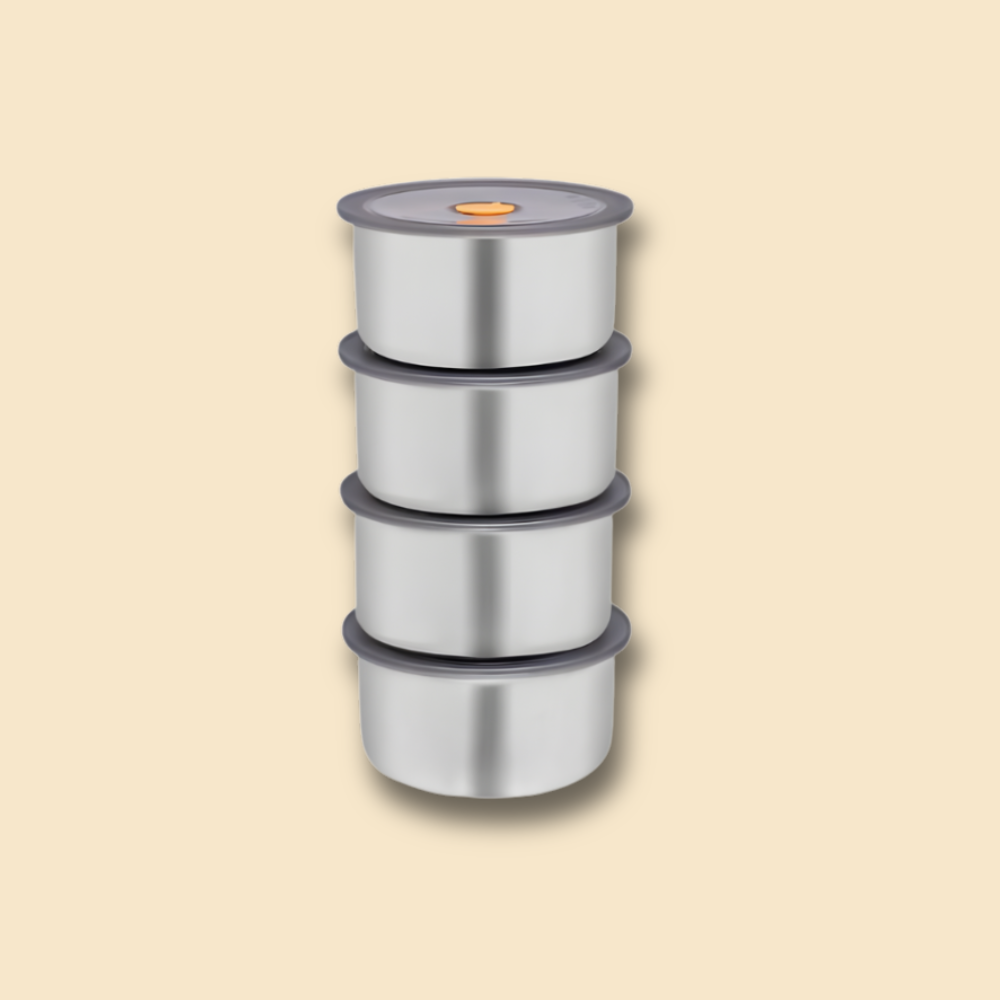 CONJUNTO 4 POTES HERMETICOS REDONDO DE INOX - 450ML