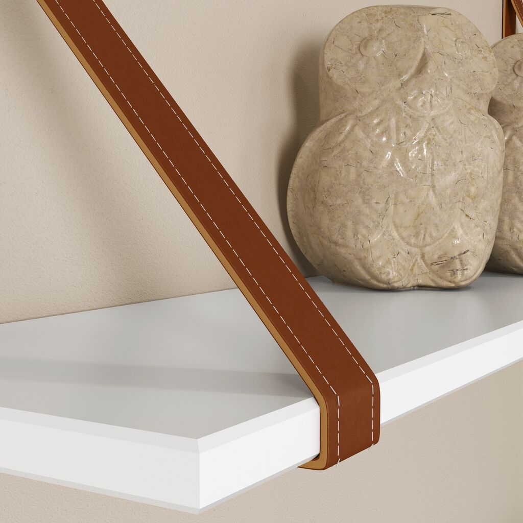 KIT 2 PRATELEIRAS GOLD EM MDF LAQUEADO COM SUPORTE EM COURO – BRANCO SOFT