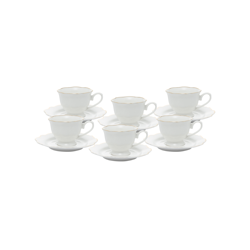 CONJUNTO 6 XICARAS CHA PORCELANA COM PIRES MALDIVAS COM FIO DE OURO – 180ML