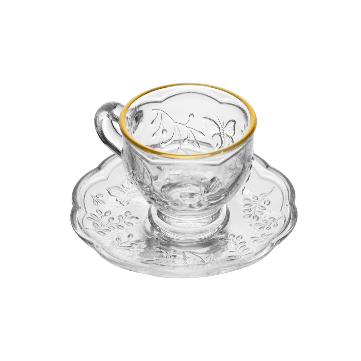 XICARA DE CAFE COM PIRES NEW BUTTERFLY COM FIO DE OURO 80ML CRISTAL ECOLOGICO