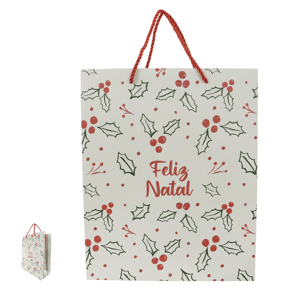 SACOLA DE PRESENTE FELIZ NATAL BERRY BRANCA