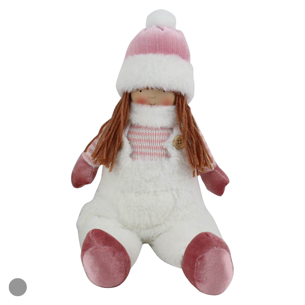 BONECO MENINA SENTADO ROSA BRANCO 40CM