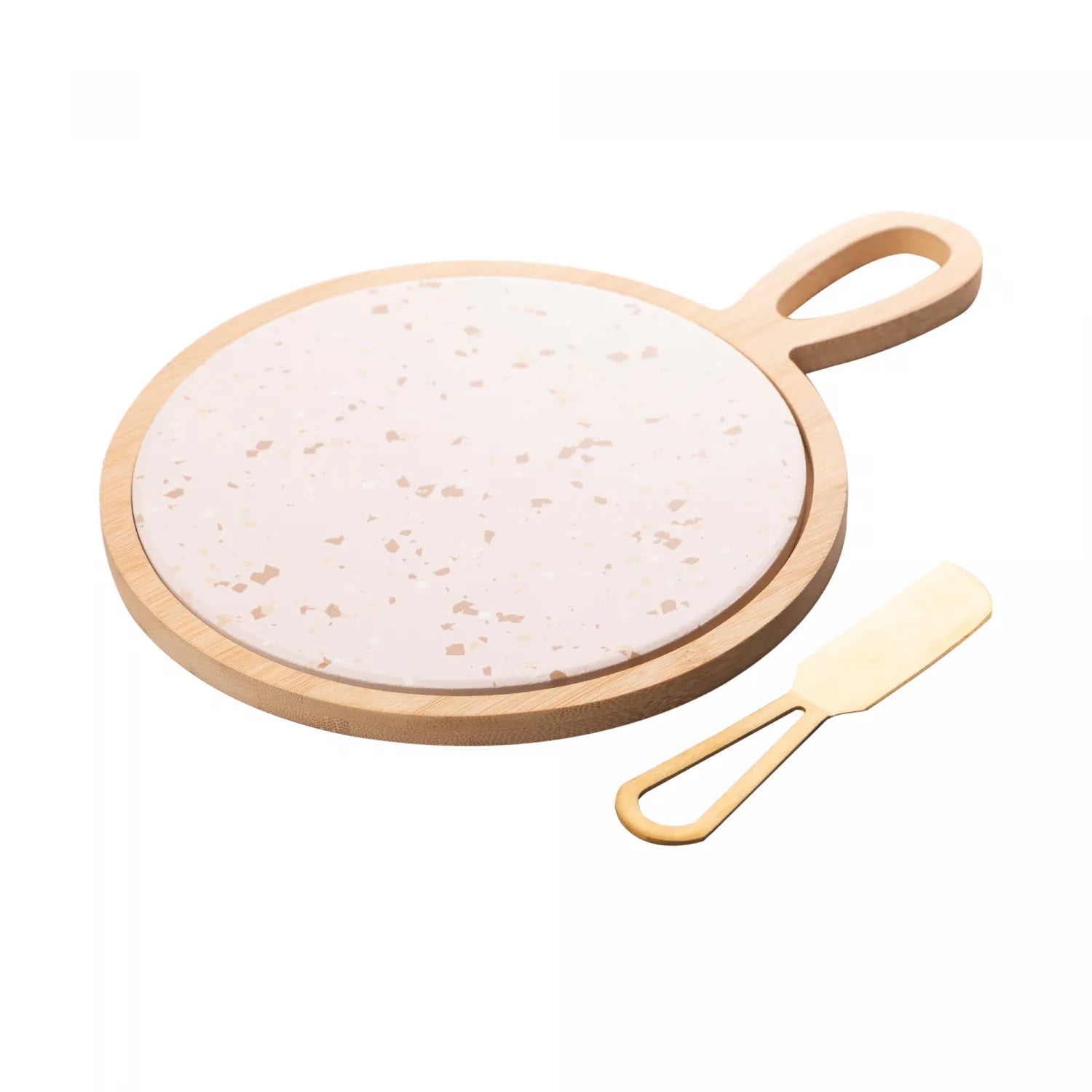 CONJUNTO 3 PEÇAS PARA QUEIJO COM BANDEJA DE BAMBU E FACA DOURADA E TÁBUA TERRAZO