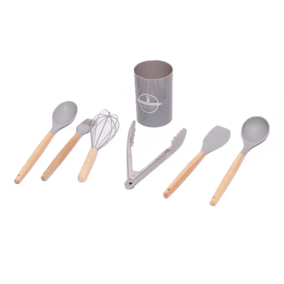 JOGO COM 7 PECAS DE SILICONE CINZA COM CABO DE MADEIRA
