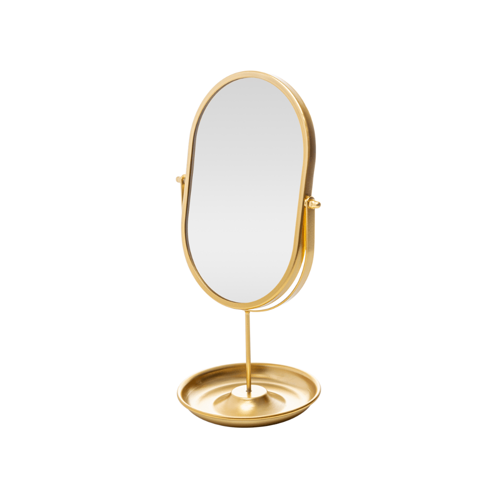 ESPELHO GIRATORIO COM BASE DE ARMAZENAMENTO DOURADO - 17,5CM X 33CM