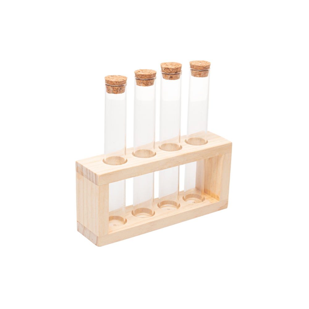 CONJUNTO PORTA TEMPEROS 5 PECAS VIDRO BOROSSILICATO COM SUPORTE DE MADEIRA – 130ML