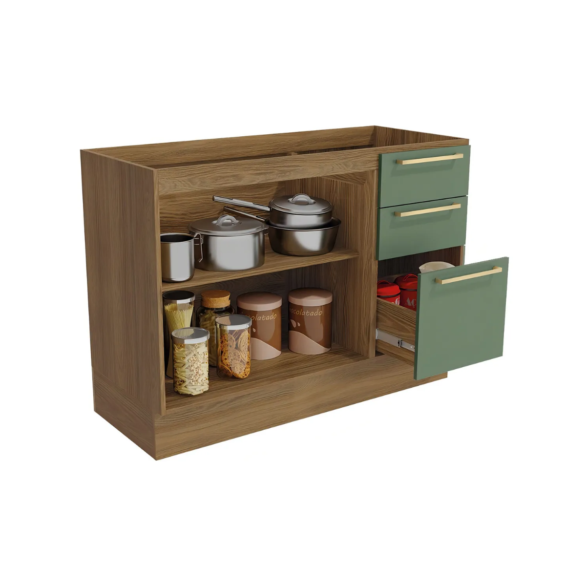 BALCÃO PARA PIA 2 PORTAS 3 GAVETAS – NOGUEIRA FOSCO/VERDE OLIVA 120CM