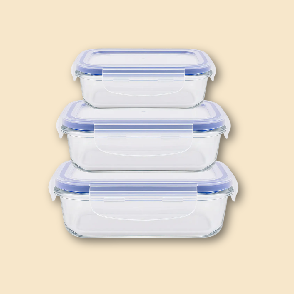 CONJUNTO 3 POTES HERMETICOS DE BOROSSILICATO RETANGULAR COM TAMPA – 330ML / 600ML / 1040ML