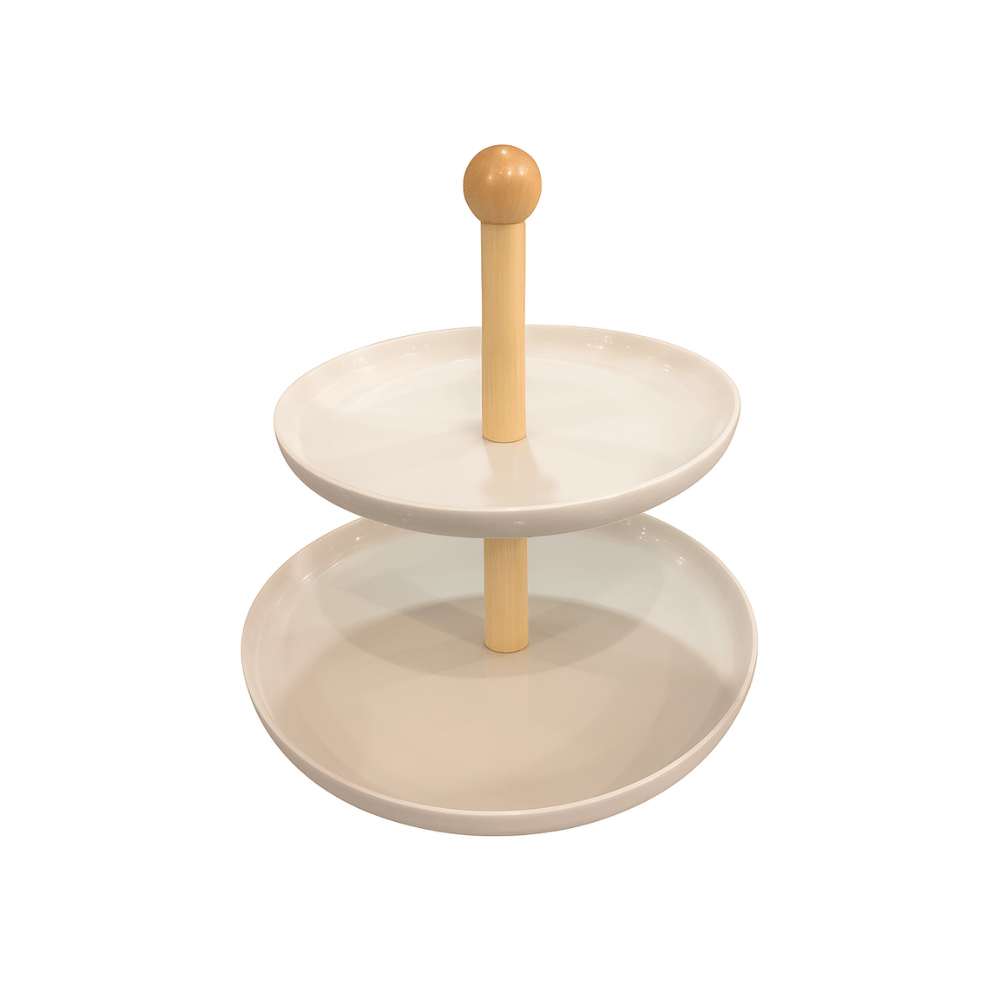 PRATO PARA DOCES DE CERAMICA COM SUPORTE EM MADEIRA – 19CM X 27CM