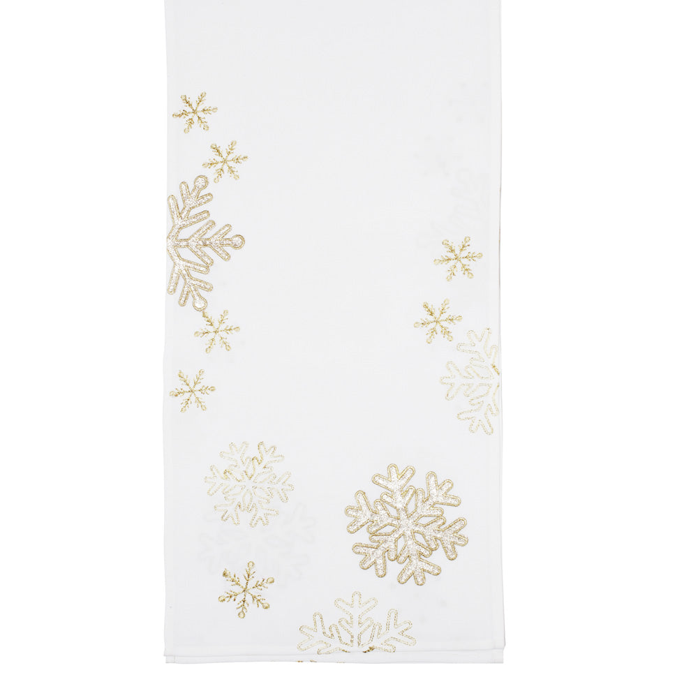 CAMINHO MESA FLOCOS NEVE BRANCO/DOURADO 175x40 COM 1UN