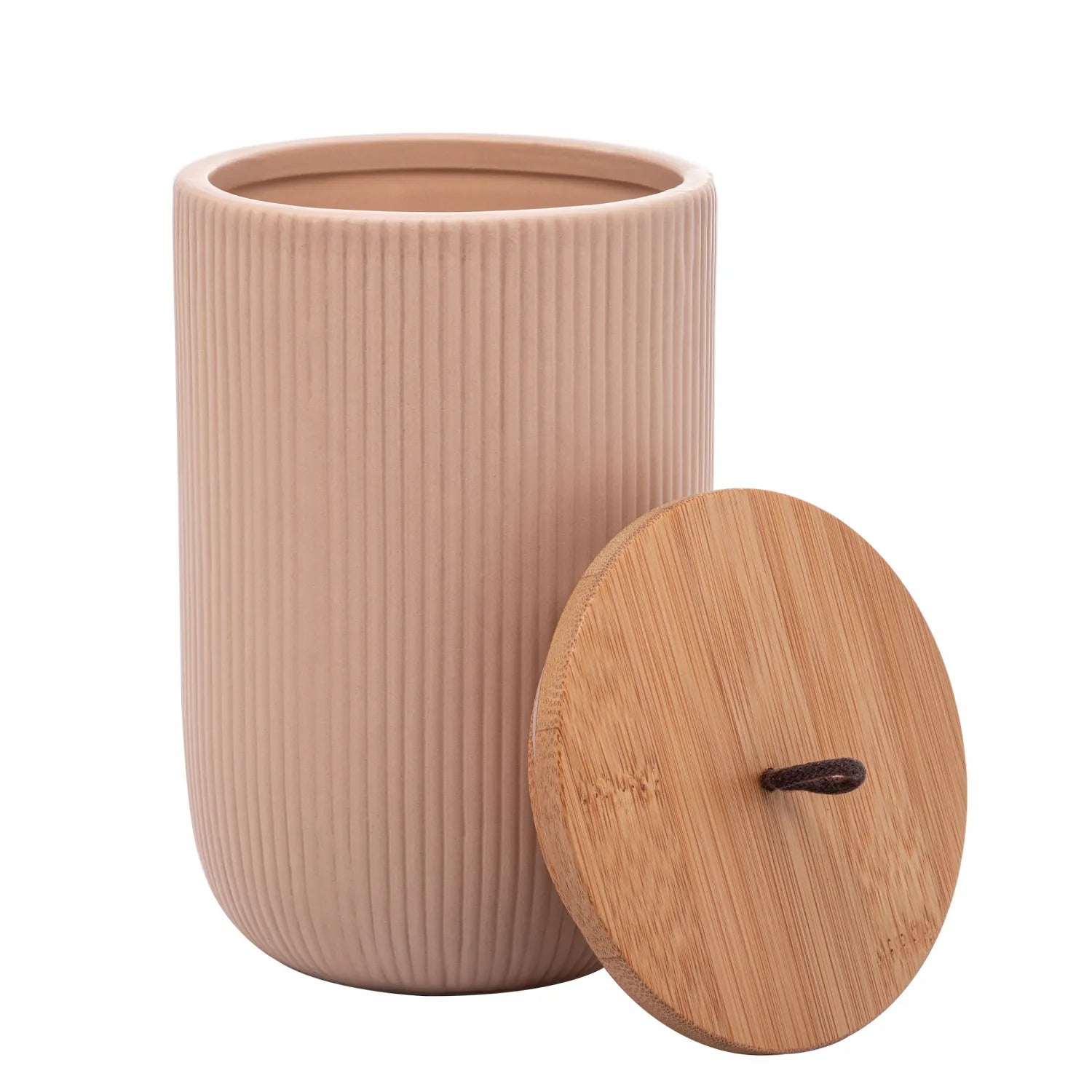 POTICHE DECORATIVO DE CERAMICA COM TAMPA DE BAMBU LINES BEGE