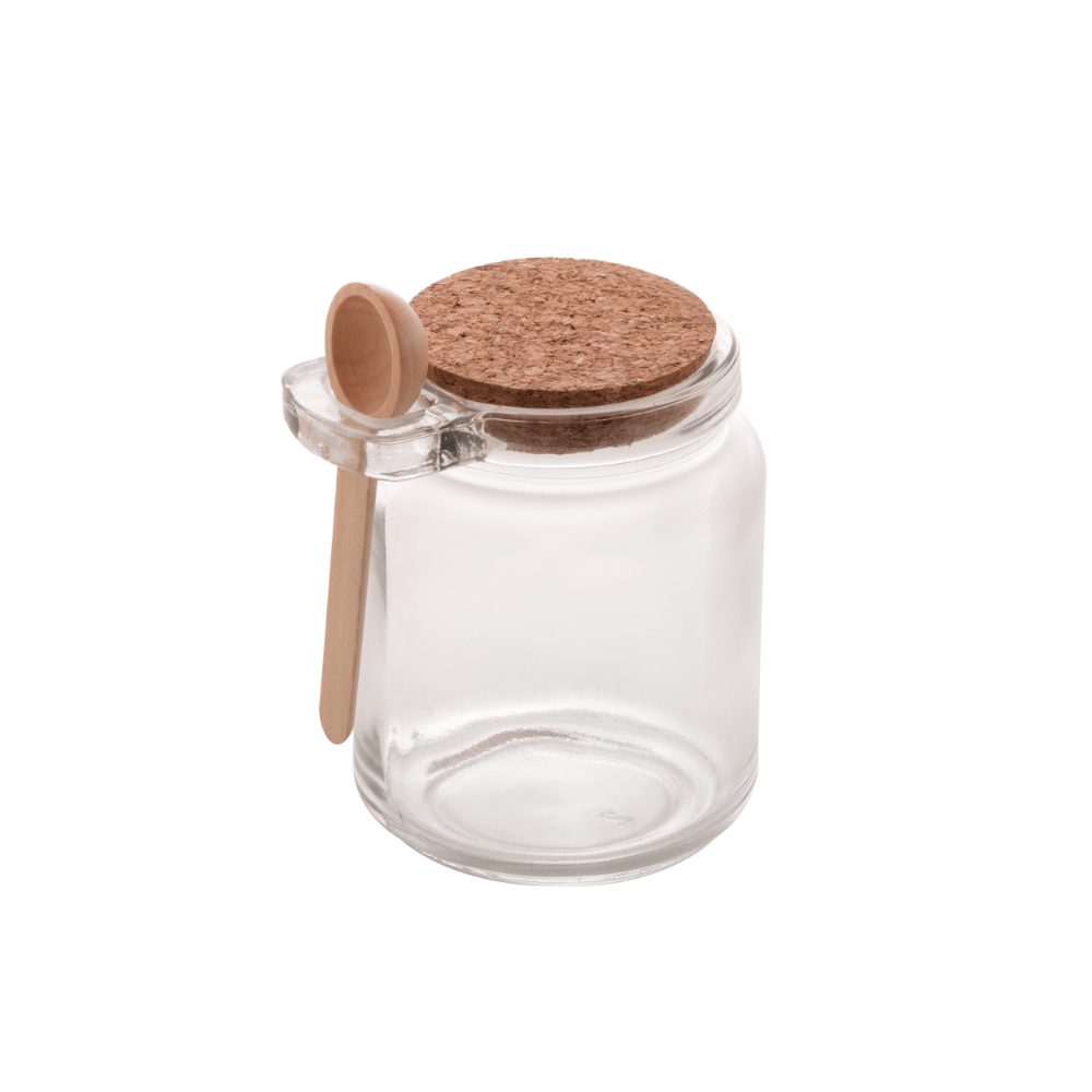 POTE DE VIDRO COM TAMPA DE CORTICA E COLHER DE BAMBU – 240ML