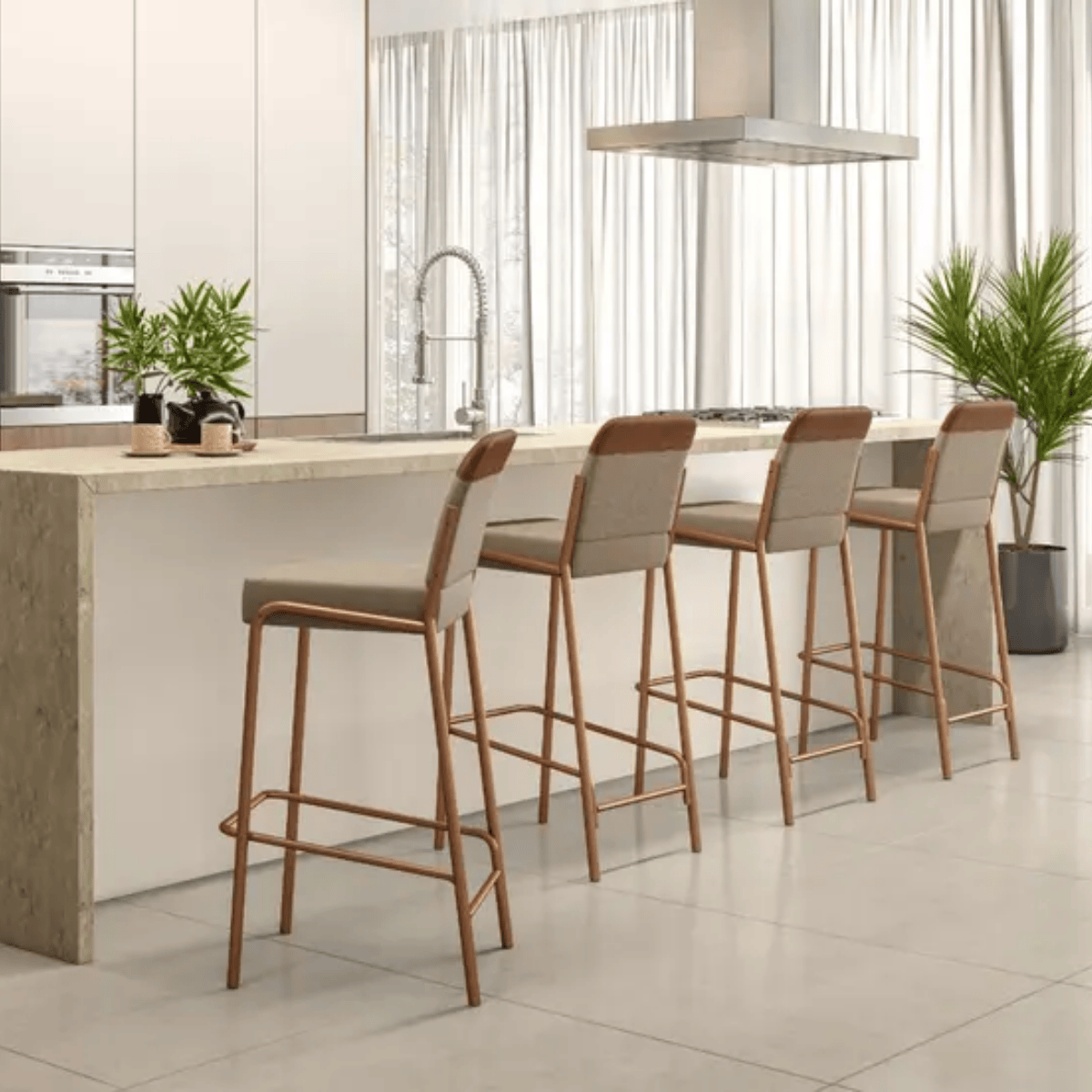 BANQUETA DUO – DOURADO/TECIDO LINHO BAMBOO E COURINO BAMBOO