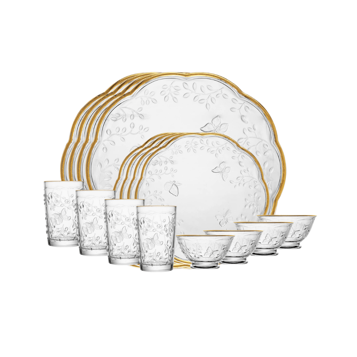 JOGO DE JANTAR 16 PECAS NEW BUTTERFLY COM FIO DE OURO CRISTAL ECOLOGICO