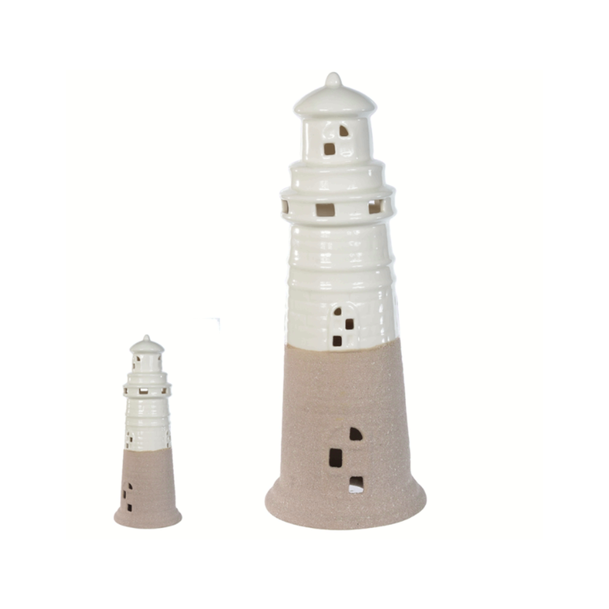 ESCULTURA FAROL DE CERAMICA BRANCO E BEGE 25CM