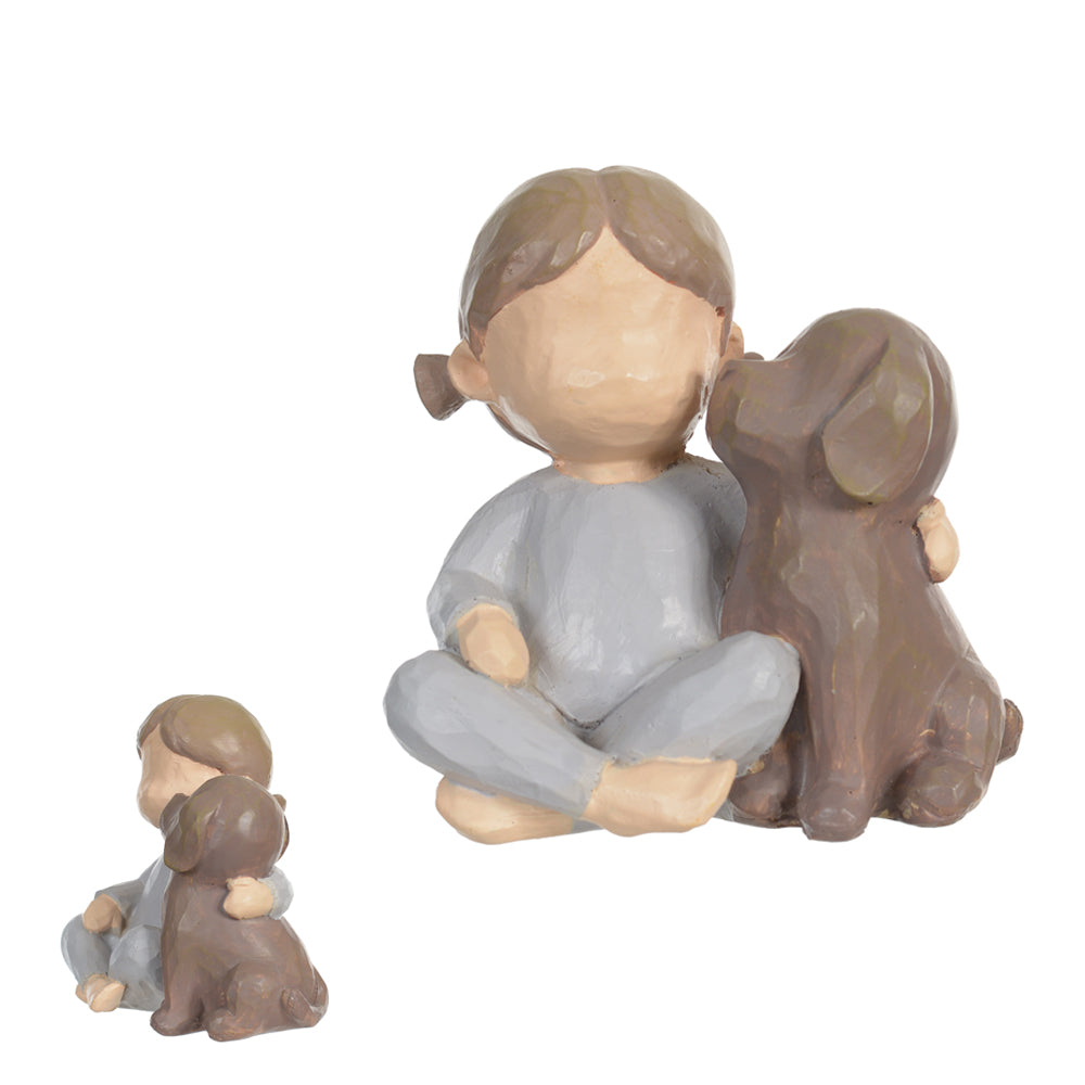 ESCULTURA DECORATIVA RESINA MENINA E CACHORRO (COLORIDO) 8cm 7,5d
