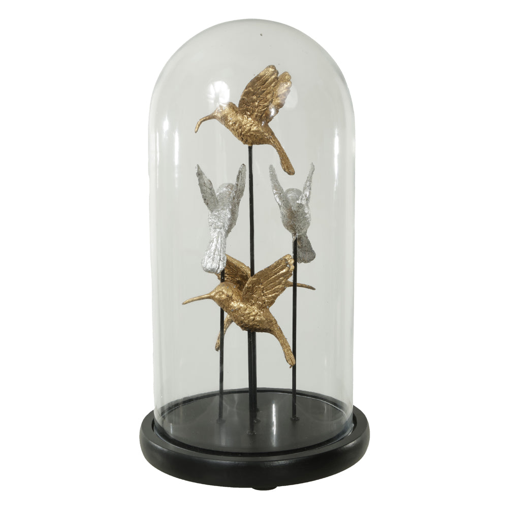 ESCULTURA DECORATIVA REDOMA PASSAROS (DOURADO PRATA) 32cm