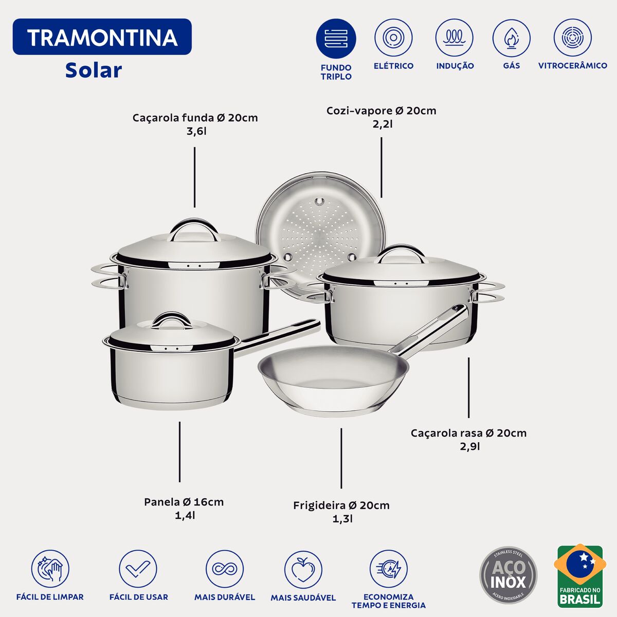 JOGO DE PANELAS AÇO INOX COM 5 PEÇAS SOLAR