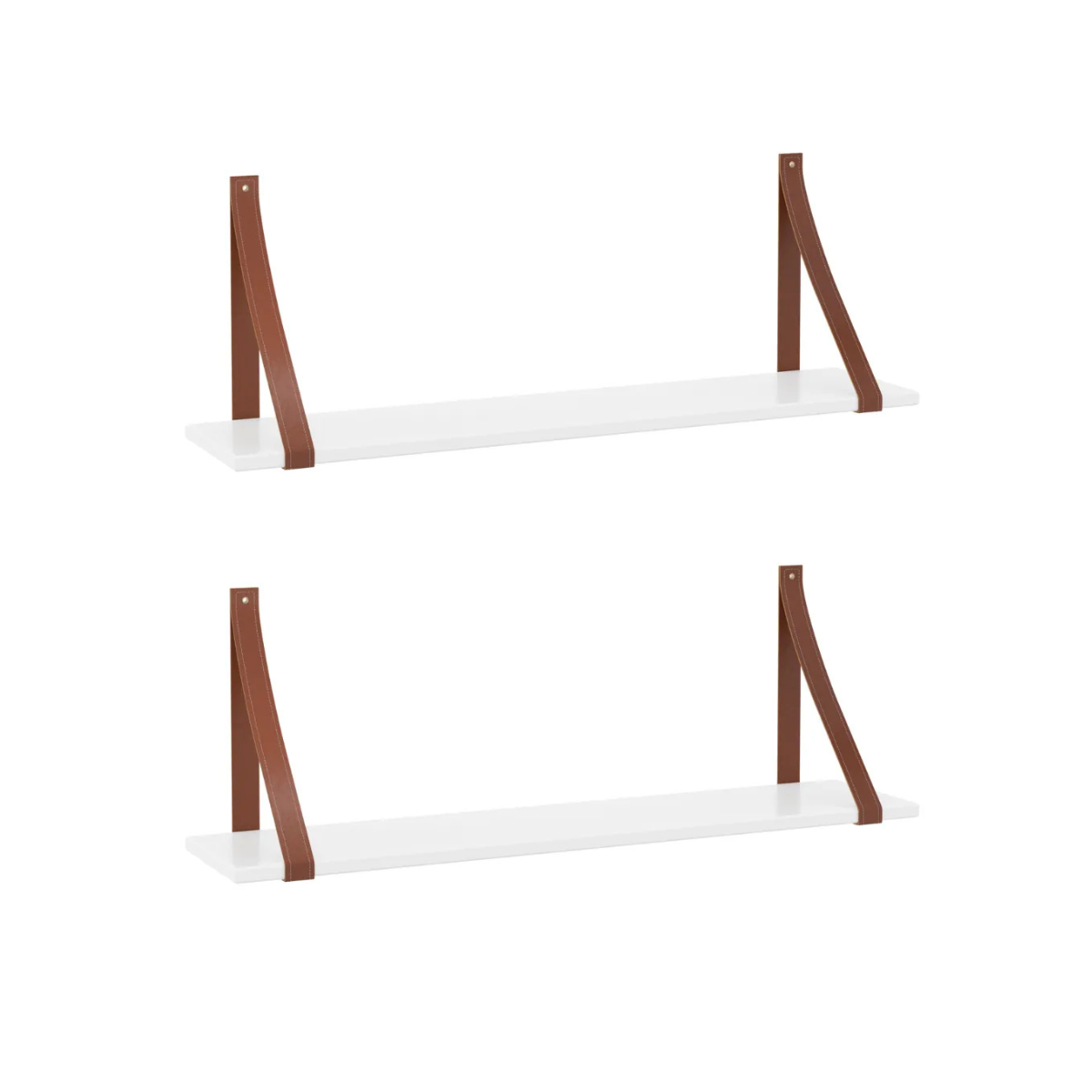 KIT 2 PRATELEIRAS GOLD EM MDF LAQUEADO COM SUPORTE EM COURO – BRANCO SOFT