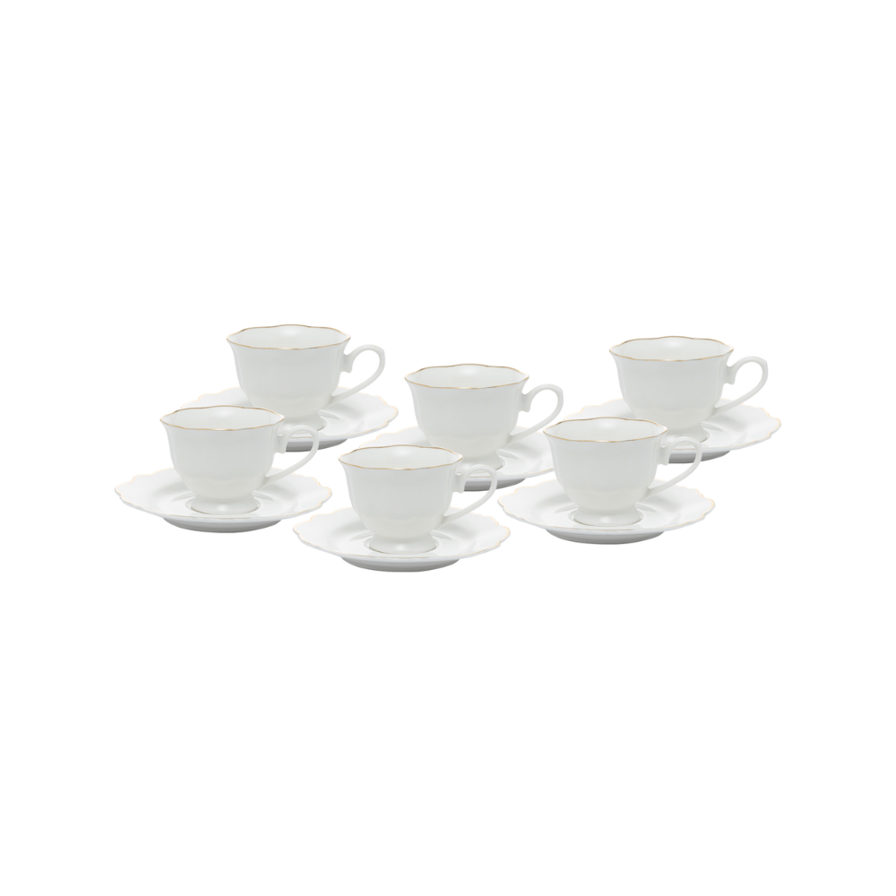 CONJUNTO 6 XICARAS CAFE PORCELANA COM PIRES MALDIVAS BRANCO COM FIO DE OURO – 80ML