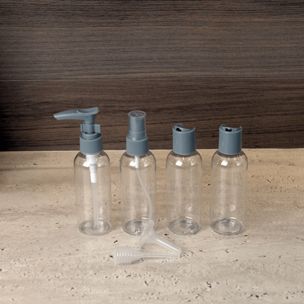 CJ 4 FRASCOS PARA VIAGEM DE PLASTICO COM TAMPA CINZA