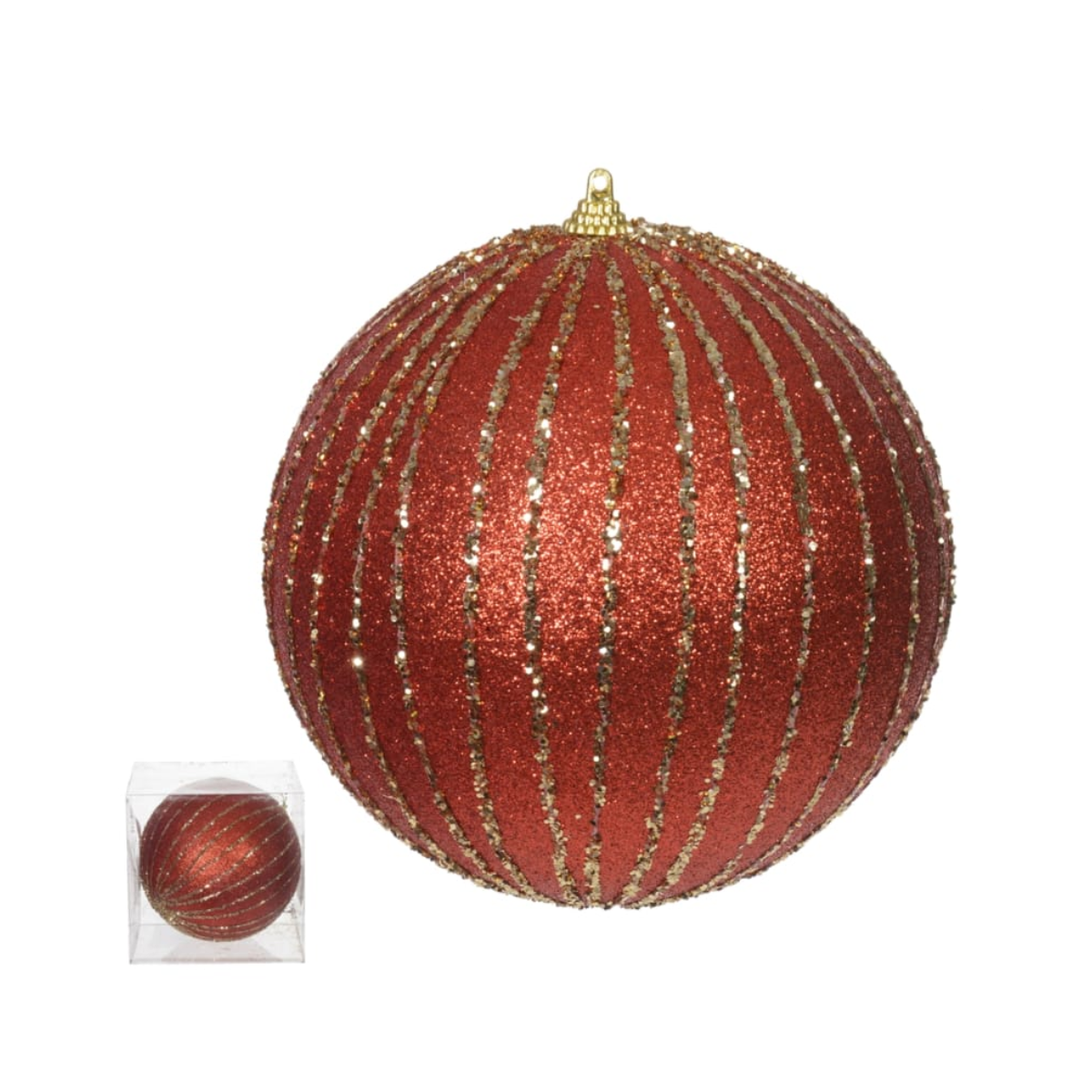 BOLA DECORADA NATAL VERMELHO DOURADO COM GLITTER - 15CM