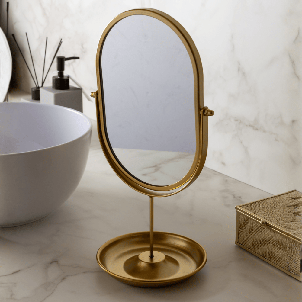 ESPELHO GIRATORIO COM BASE DE ARMAZENAMENTO DOURADO - 17,5CM X 33CM