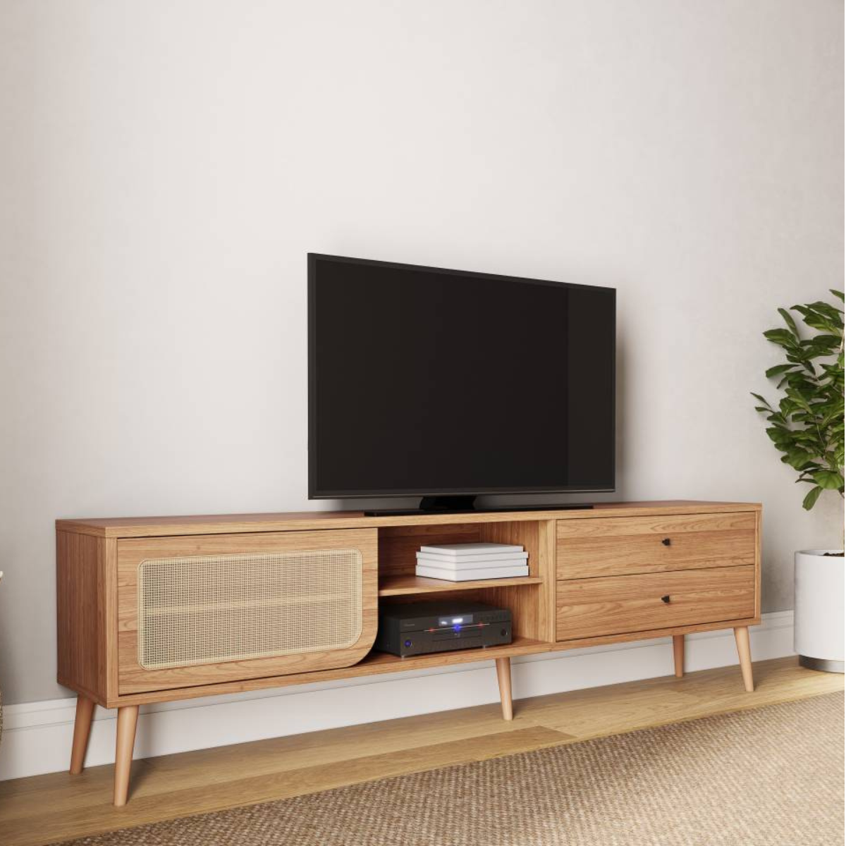 RACK TELA SINTETICA COM 2 GAVETAS E PORTA CORRER - FREIJO 220CM