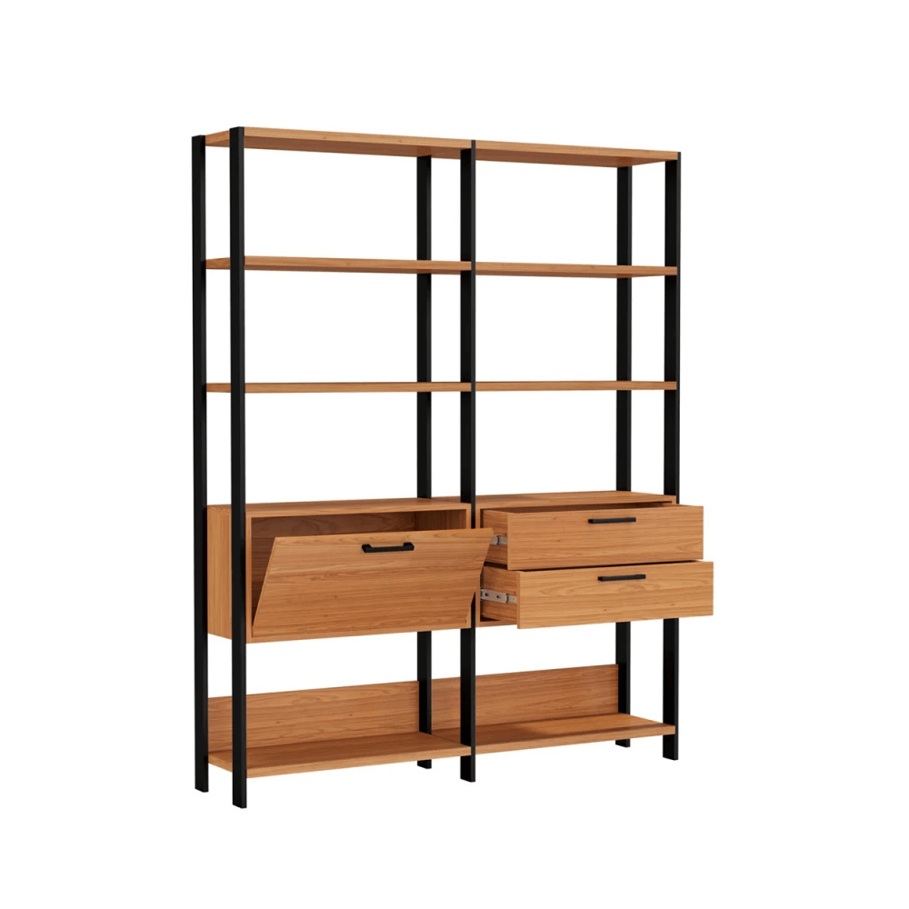 ESTANTE 2 TORRES GAVETEIRO BASCULANTE FREIJO/PRETO FOSCO - 1,85M X 1,44M