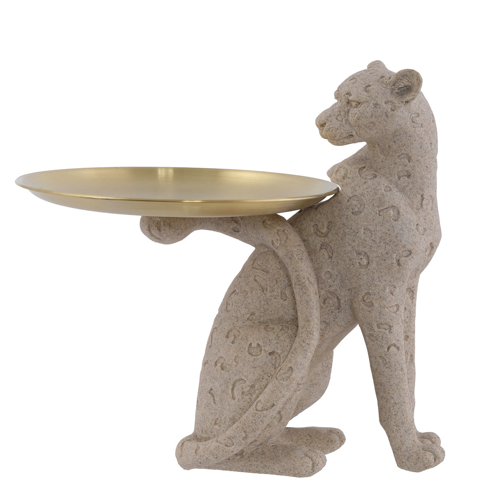 ESCULTURA DECOR POLIRESINA LEOPARDO COM BANDEJA (DOURADO) 20,8X22X16CM
