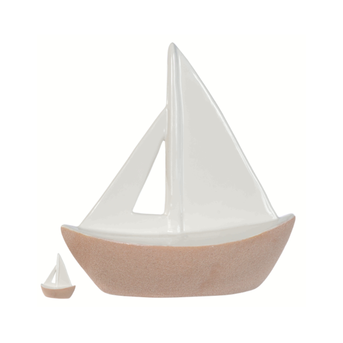 ESCULTURA BARCO DE CERAMICA BRANCO E BEGE