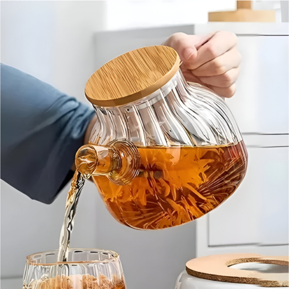 CHALEIRA DE VIDRO BOROSSILICATO COM TAMPA DE BAMBU - 1,5L