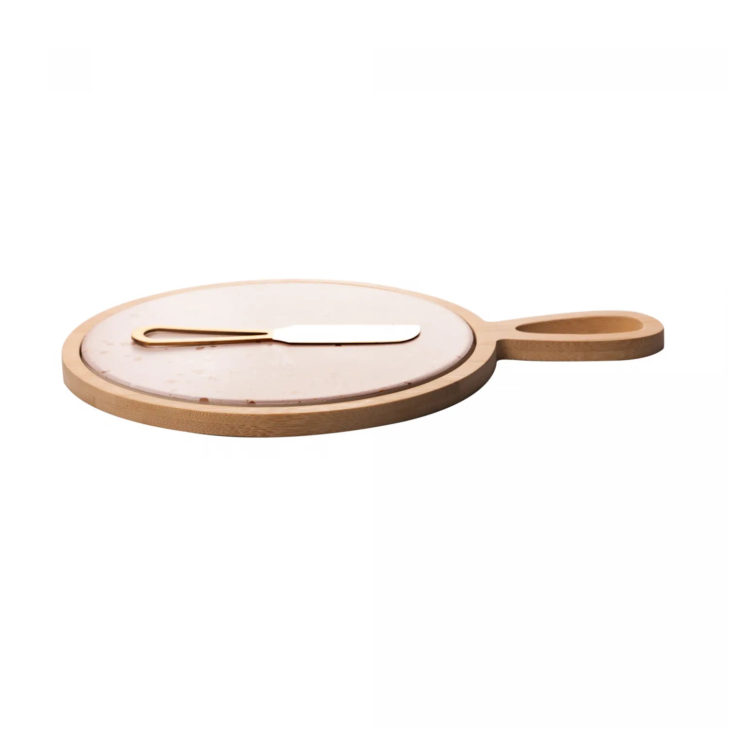 CONJUNTO 3 PEÇAS PARA QUEIJO COM BANDEJA DE BAMBU E FACA DOURADA E TÁBUA TERRAZO