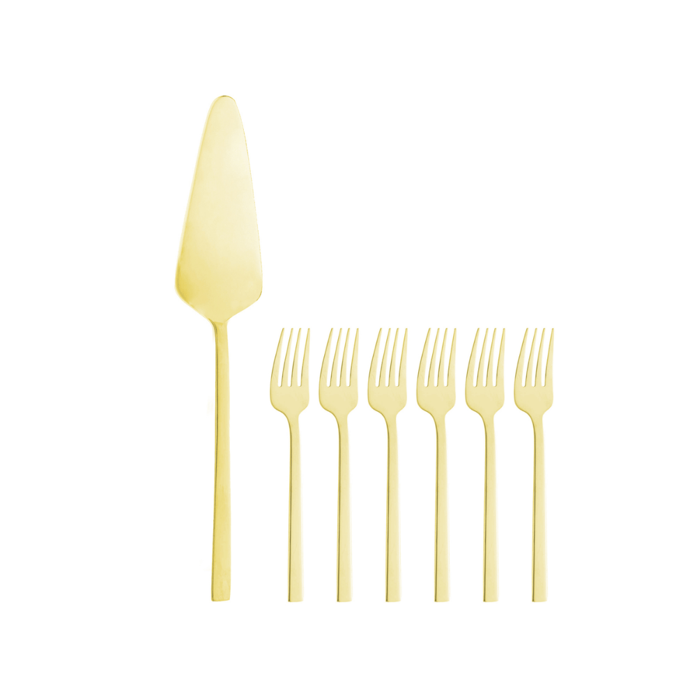 CONJUNTO 7 PECAS ESPATULA PARA BOLO E GARFOS SOBREMESA FIRENZE DOURADO - INOX