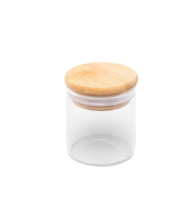 POTE DE VIDRO COM TAMPA DE BAMBU 60ML